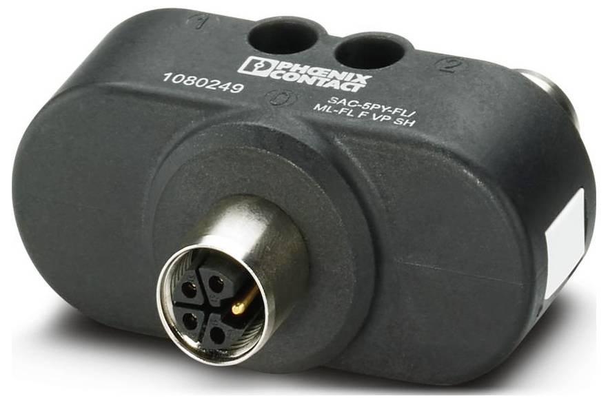 A black, oval-shaped electronic connector with a multi-pin socket and the logo 'Phoenix Contact' on its surface.