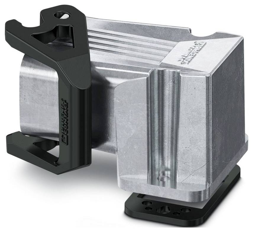 A metallic, block-shaped industrial component with black brackets on each side, featuring a logo and grooved design on its surface.