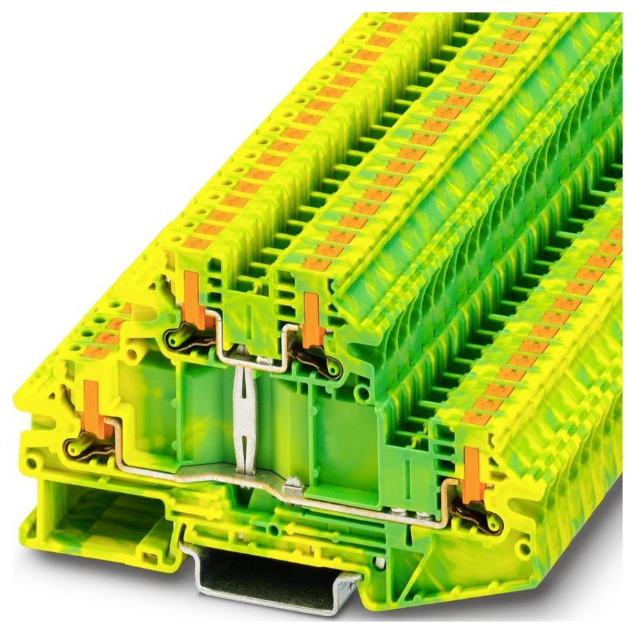 A stack of green and yellow insulated electrical terminal blocks arranged in a pyramid shape, used for organizing electrical connections.