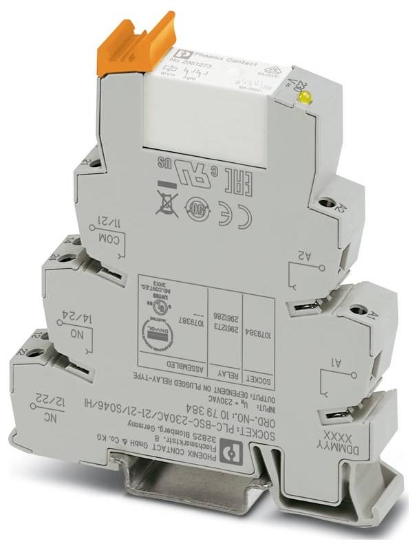 A grey and orange relay module with multiple labels and connectors, designed for industrial automation and electrical systems.