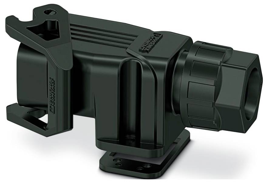 Industrial black plastic cable gland, side view, showing attachment bracket and screw connections, designed for securing and protecting cables.