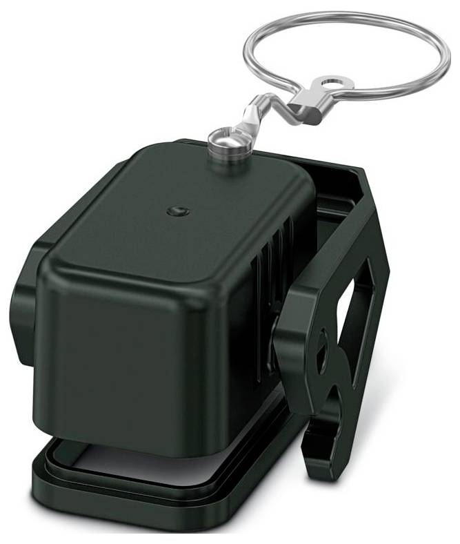 A small black bait station with a hinged lid and key for locking, used for safely housing bait to control pests.