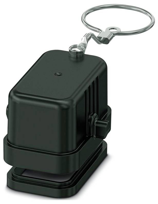 A black keyfinder device with a rectangular shape and a metal keyring attached, used for locating lost keys.