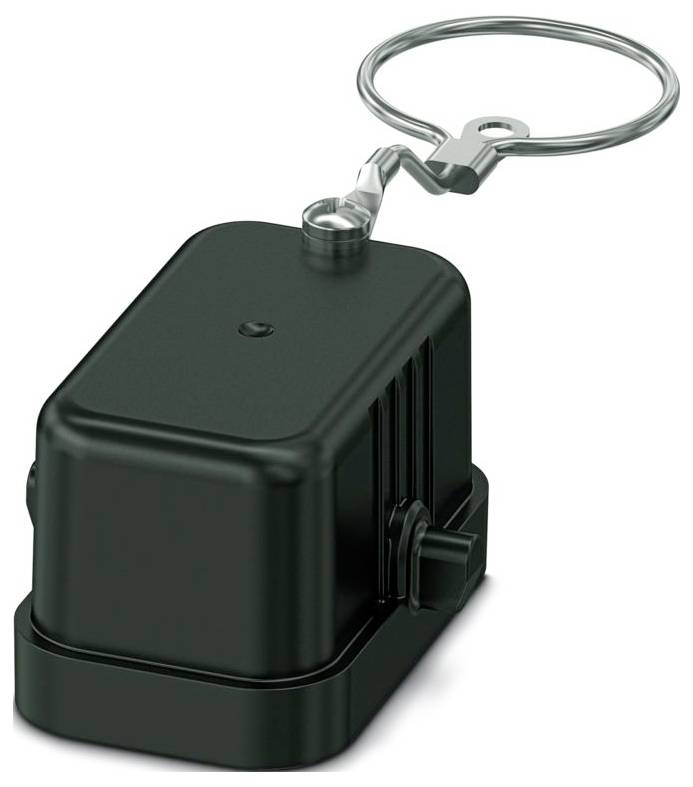 A black plastic mechanical keychain attachment with a metal loop, featuring a compact, rectangular design and side grooves.
