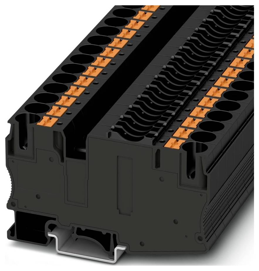 A compact, black, modular terminal block with multiple rows and orange tabs, designed for organizing and connecting electrical wiring.