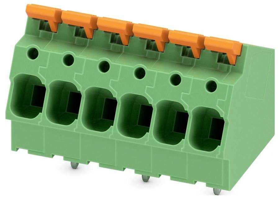 A green, angled terminal block with five orange connector levers, used for electrical connections.
