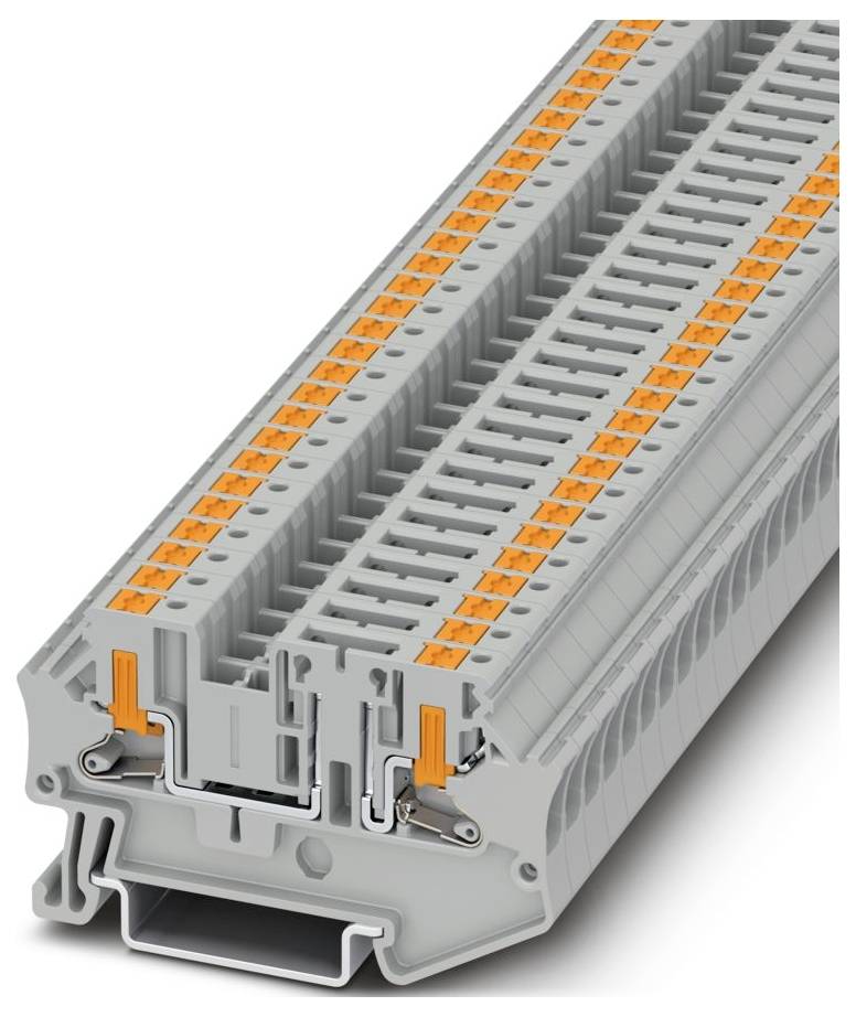 A grey and orange terminal block with multiple connection points used for electrical wiring in industrial or automation settings.