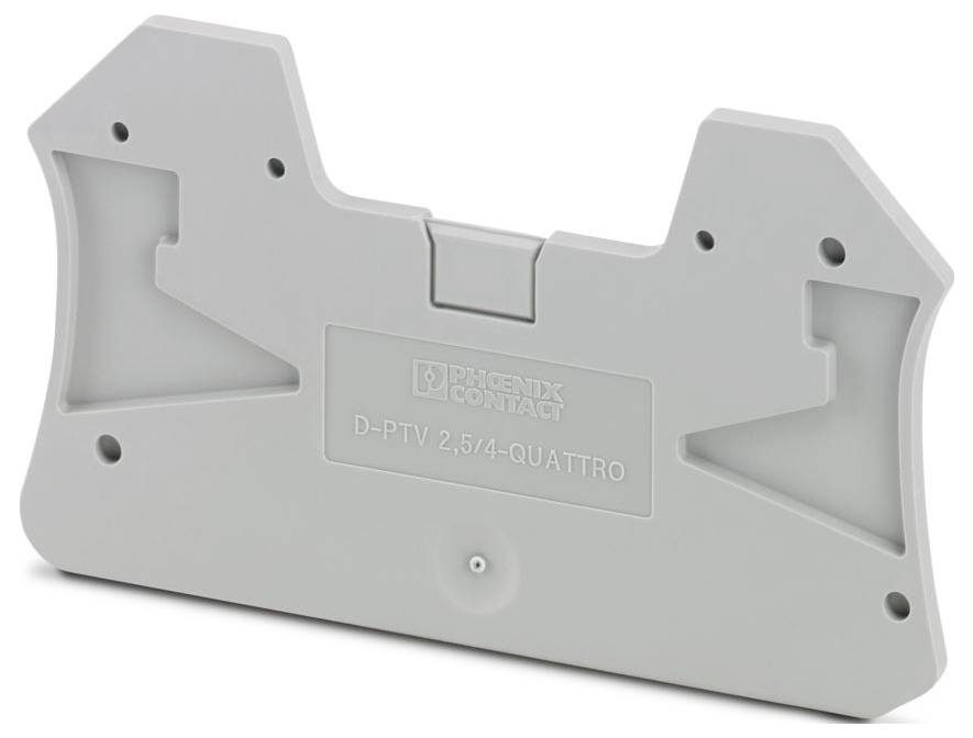 Gray terminal block with embossed text 'D-PTV 2.5/4-QUATTRO' by Phoenix Contact, featuring a curvy design and mounting slots.