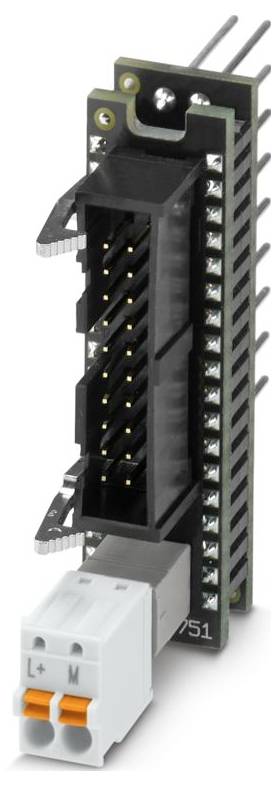 A green circuit board with multiple pins and an attached white connector for L+ and M wires, used for electronic connections.