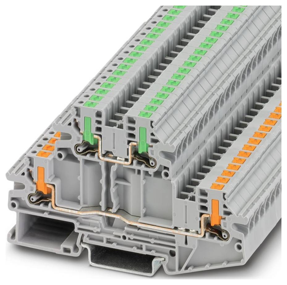 A model of a gray stackable terminal block with green and orange connectors, used in electrical applications for wire management.