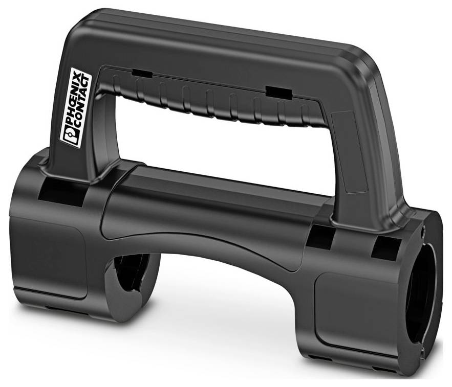 A black handheld crimping tool with a textured grip handle, designed for securing electrical connectors, featuring a robust plastic frame.