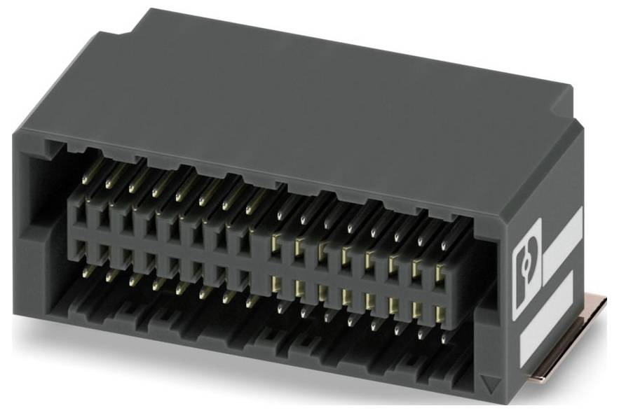 A close-up of a black electronic connector with multiple gold pins arranged in rows, designed for complex electrical connections.