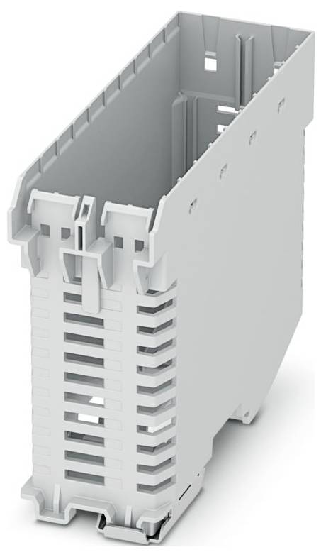 Plastic electronic enclosure with vented sides, designed for mounting on a DIN rail. Light grey color with a rectangular shape.