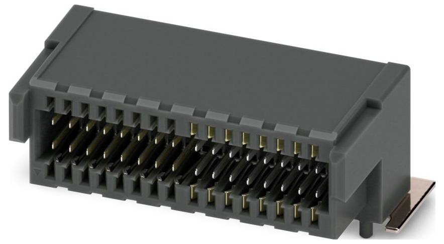 A rectangular electrical connector with multiple gold-plated pins set in a black plastic casing.