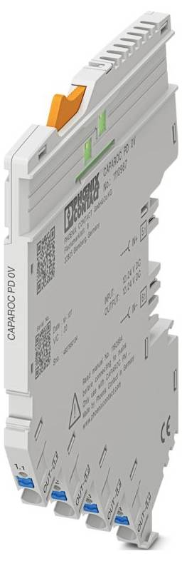Din rail-mounted surge protection device with orange release button and connectors, designed to protect electrical systems from voltage spikes.