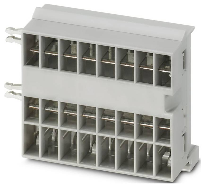 A gray plastic connector block with multiple square slots, featuring two script-style connectors on the left side for electrical connections.