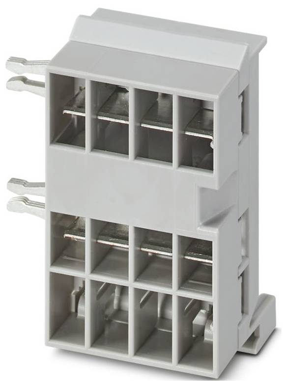 A gray electrical connector block with multiple slots and metal pins for wiring connections, designed for circuit board integration.