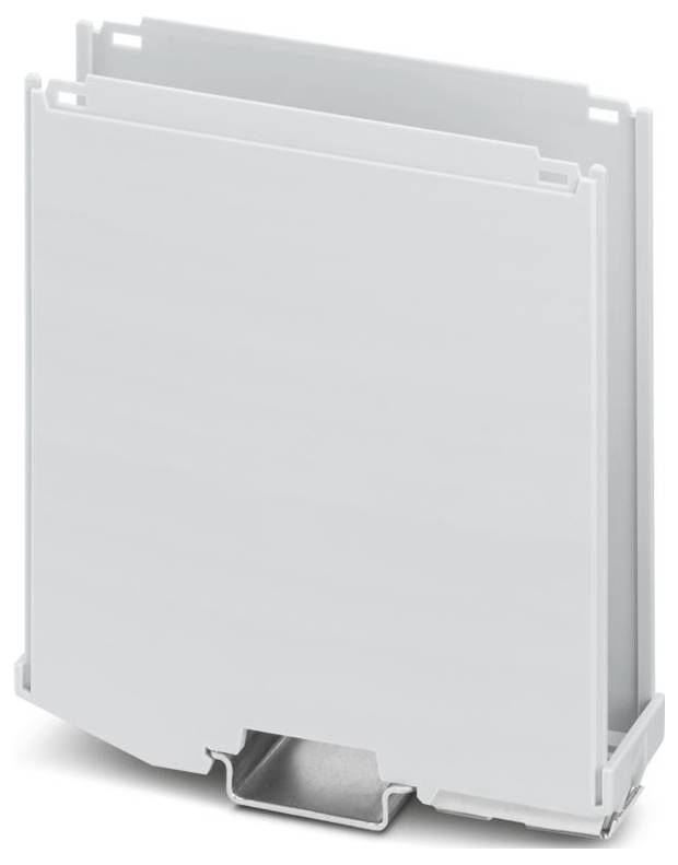A white plastic modular panel mount case with a rectangular shape and metal base, designed for electronic components.