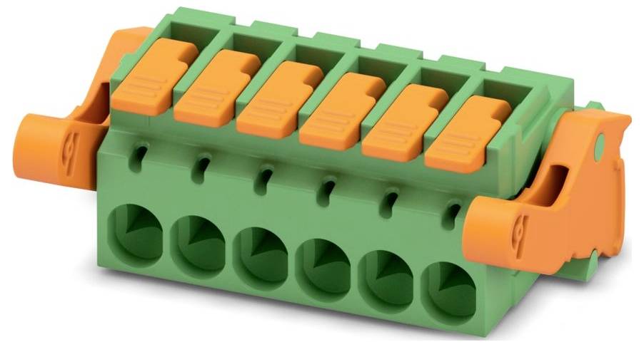 A green and orange electrical terminal block with six connection slots, used for wiring and circuit connections.