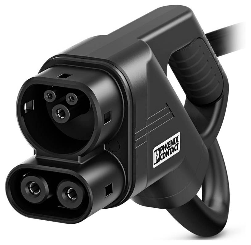 An electric vehicle (EV) charging connector with a Phoenix Contact logo, designed for fast charging of electric cars.
