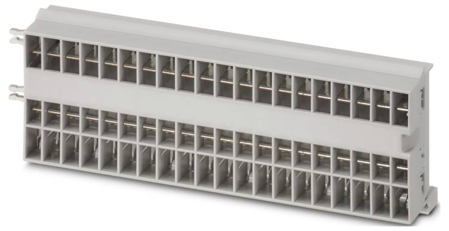 A rectangular gray electrical connector with multiple rows and columns of slots for pin connections, used in electronic assemblies.