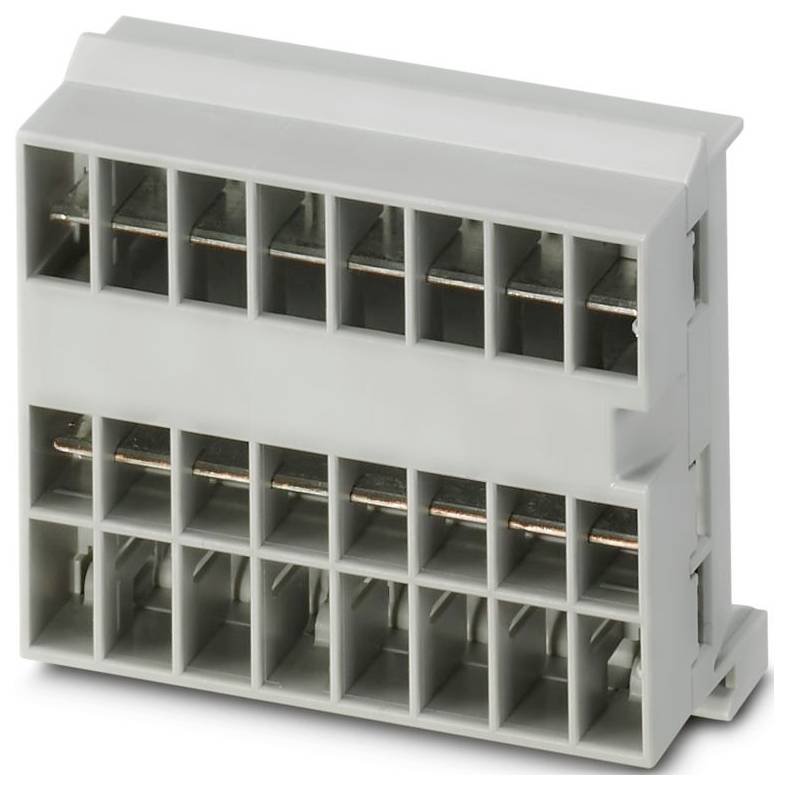 A gray electrical terminal block with multiple connection points for wiring, used in industrial or electrical applications.