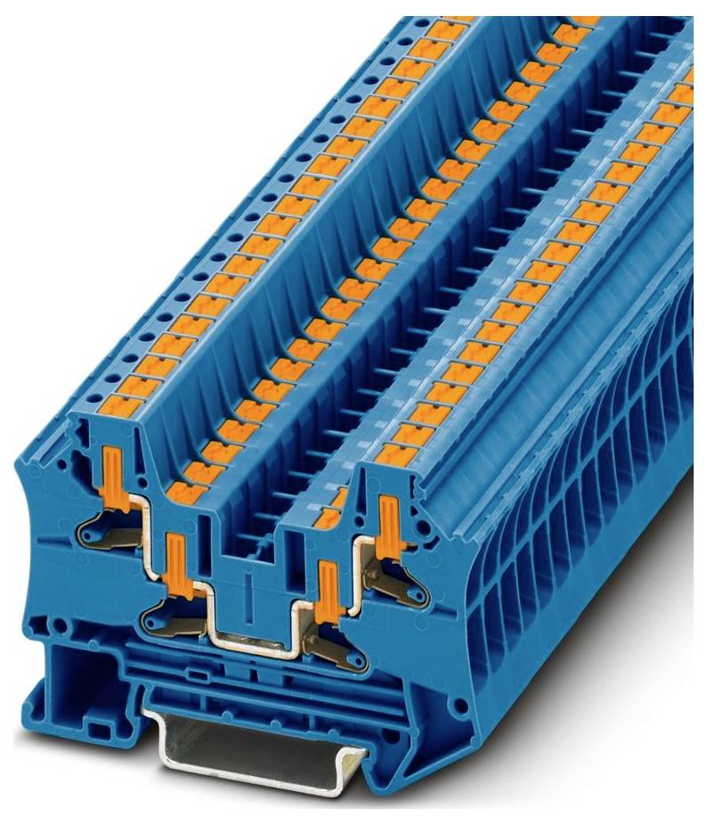 A blue and orange multi-level electrical terminal block, featuring multiple connection points for wires, used for circuit and wiring organization.