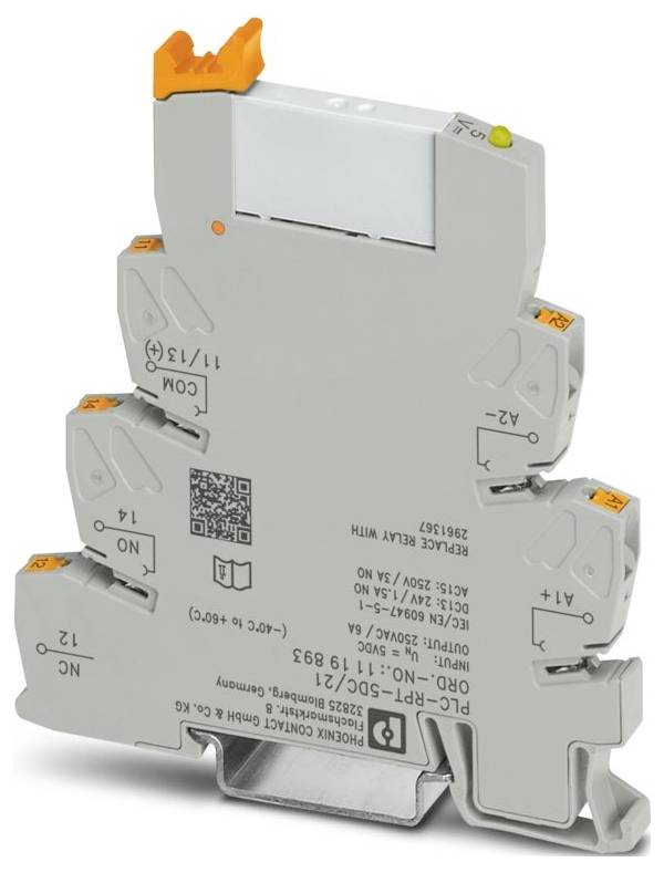 A gray electrical relay device with terminal connectors on top, labeled with specifications and a QR code for detailed information.