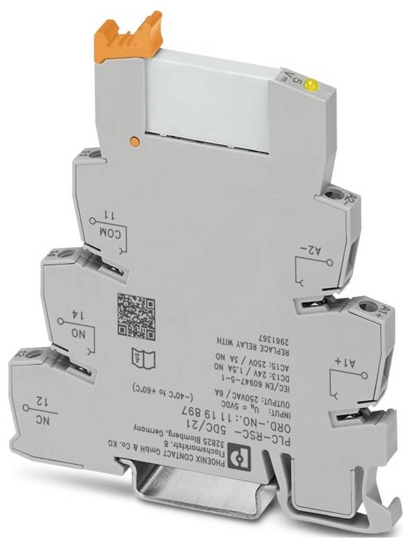 A grey, compact electronic module with orange and yellow tabs, featuring labels and a QR code, used for industrial electronic applications.