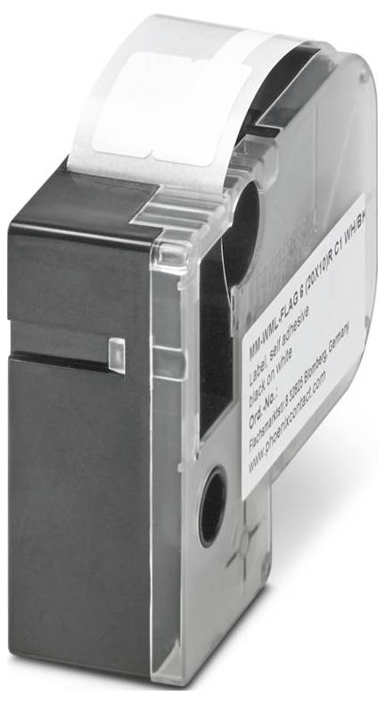 A black printer label cartridge with a clear casing, showing a visible label and spool.