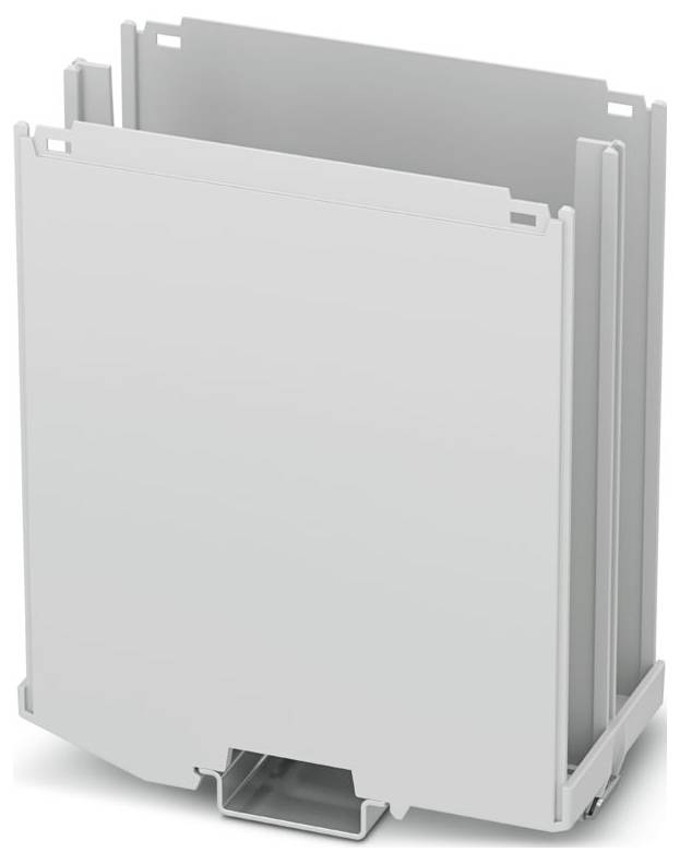 A gray, rectangular plastic component with side slots and a bottom opening.