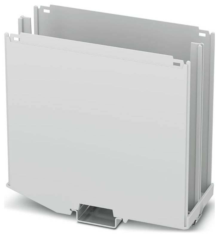 A gray plastic enclosure with a rectangular shape, designed for electronic or electrical components, featuring a closed front panel.