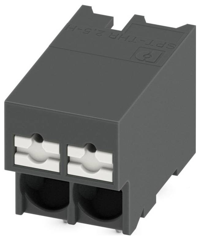 A dark gray, rectangular dual socket electrical connector with two ports, featuring white interiors and a symbol on the top.
