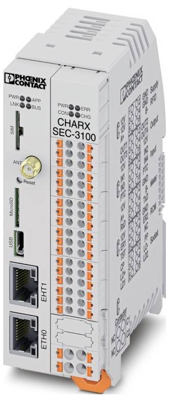 'Phoenix Contact CHARX SEC-3100' electric vehicle charging controller, featuring Ethernet ports, USB, and various connection points.