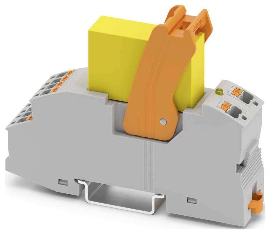 A gray and orange electrical terminal block with a yellow component and orange lever, used for securing and connecting electrical wires.