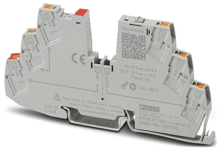 A gray Phoenix Contact electronic module, model PTCB E1 24DC/1-4A SI-R, with connection ports and printed technical info.