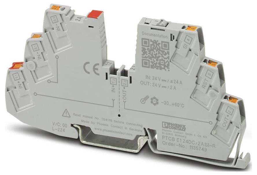 A gray electronic component with labeled ports for IN, OUT, and Documentation. Rated 24V/~2.4A; shows visual identification for ordering.