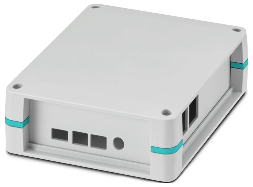 A white rectangular electronic enclosure with ventilation slots and teal accents, designed for housing circuit boards and components.