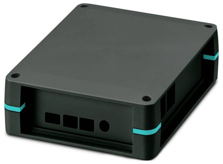Rectangular black electronic enclosure with rounded corners and turquoise accents, designed for housing components and connectors.
