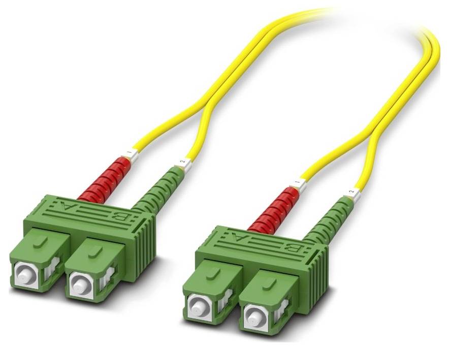 A green fiber optic patch cable with two SC connectors. Yellow cables with red and white striped sleeves are attached to the connectors.
