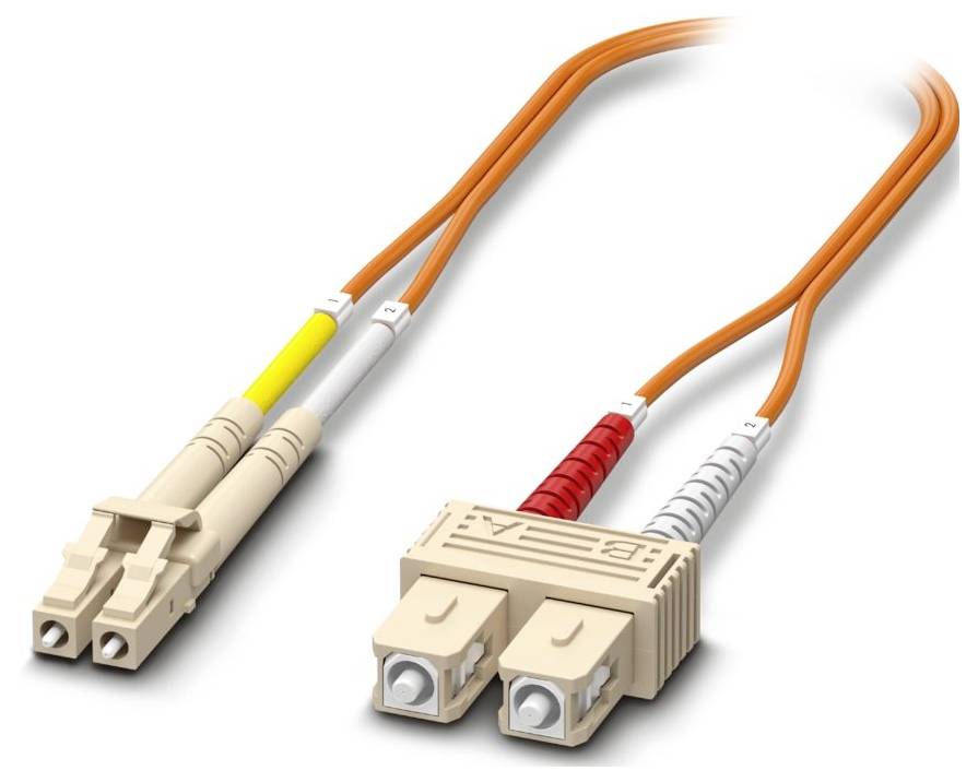 Image of an orange fiber optic LC-SC patch cable with two connector types: LC on one end and SC on the other, used for networking connections.