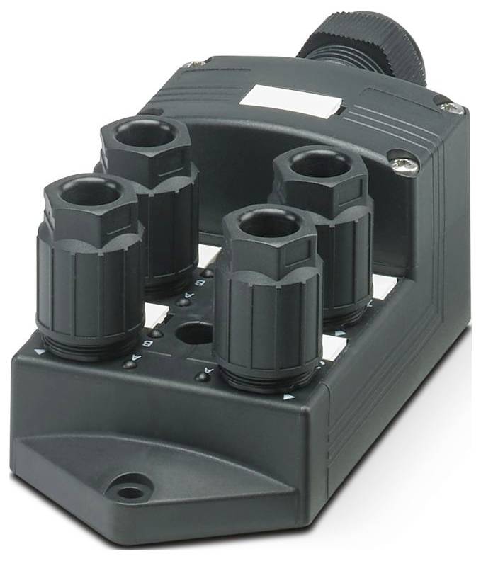 A rectangular, black industrial connector block with four cable entry points, designed for electrical wiring and secure connections.