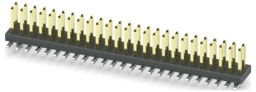 A row of gold-plated pin headers mounted on a black plastic base, used for electronic connections.