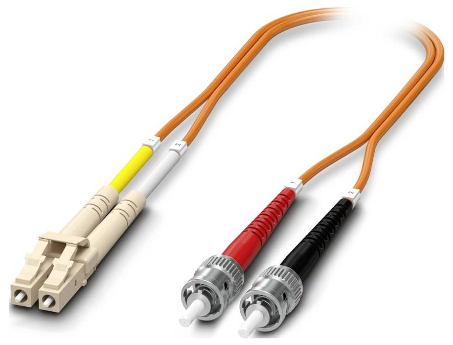 Fiber optic cable with two connectors, one end with a duplex LC connector and the other with two ST connectors, used for network connections.