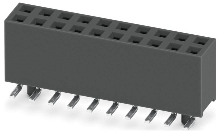 A black rectangular electronic connector with two rows of metal pins extending from the bottom.