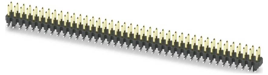 A dual row, 40-pin male header connector with gold pins and black plastic base, commonly used in electronic circuit boards for connections.
