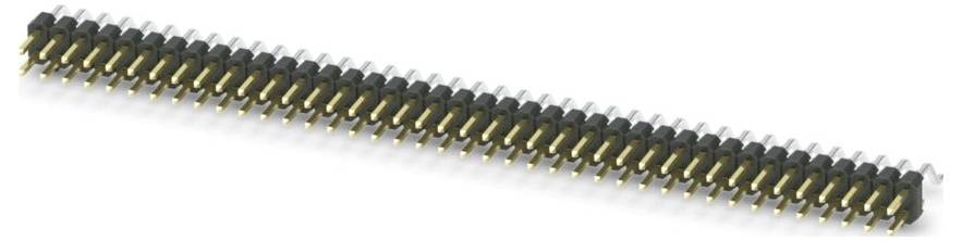 A long row of gold-plated male pin headers with black plastic housing, typically used for connecting components on a circuit board.