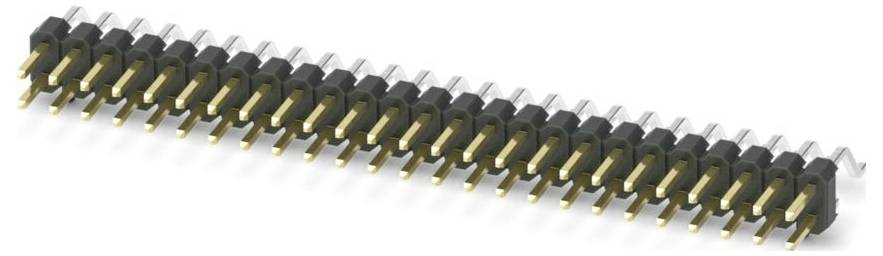 A row of 26 gold and silver pin connectors with a black base, displayed at an angle, used for electronic circuit connections.
