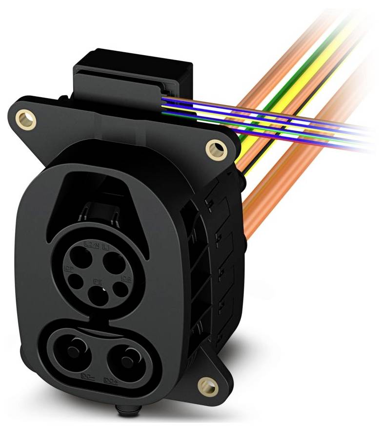 A black electric vehicle charging connector with multiple pin sockets and colorful wires extending from the top, used for EV charging.