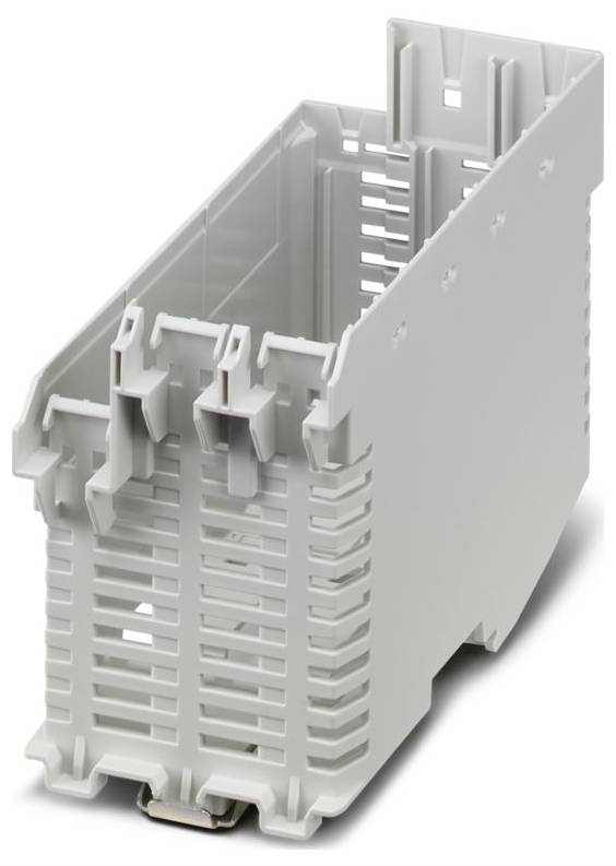 Gray plastic electronic component housing with vented sides and mounting brackets, designed for snap-in assembly on DIN rails.